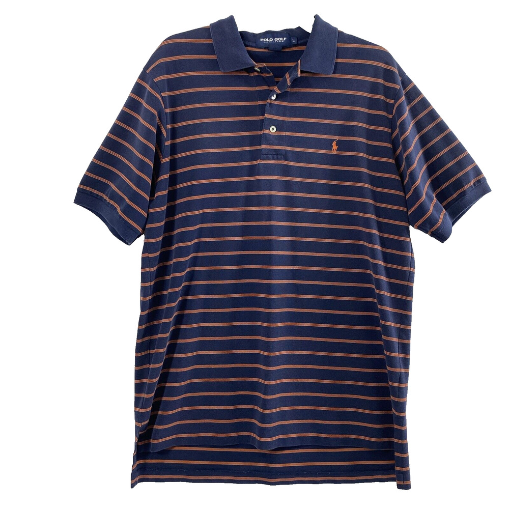 Ralph Lauren Polo Golf Shirt Mens Large Navy Blue Orange Stripe Short Sleeve